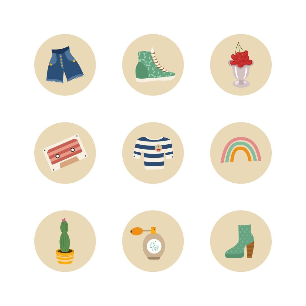 Highlights for social media stories from retro elements of the 60-70s. Vintage design with shorts, sneakers, berries in a cream bowl, cassette, rainbow, cactus, boots. Vector illustration.