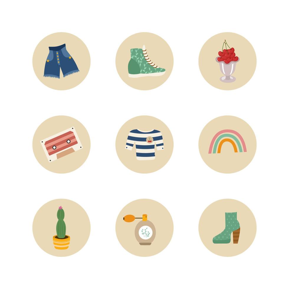 aspectos destacados de las historias de las redes sociales a partir de elementos retro de los años 60 y 70. diseño vintage con pantalones cortos, zapatillas, bayas en un tazón de crema, casete, arco iris, cactus, botas. ilustración vectorial vector