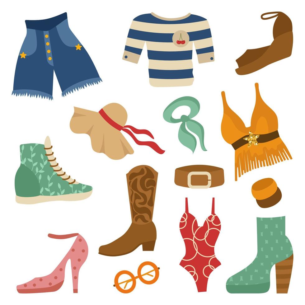 Set of retro women's clothing and shoes from the 60s and 70s. Shorts, T-shirt, sneakers, hat, cowboy boots, shoes, swimsuit, neckerchief, glasses, belt. Vector vintage illustration.