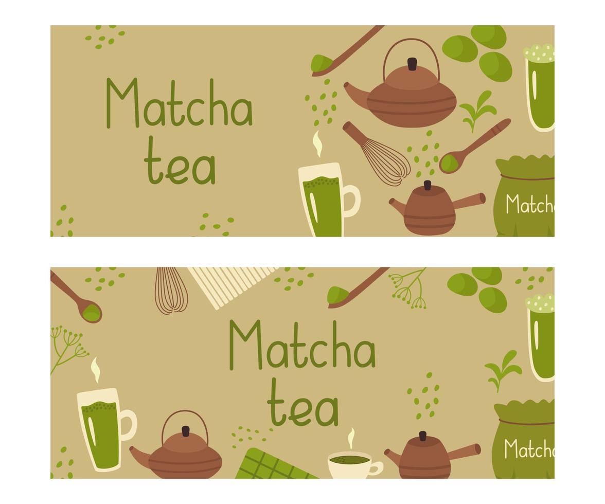 Flyers with elements for green tea made from matcha powder. Teapot, cup, bamboo spoon, whisk, sweets and drinks, chocolate. Vector illustration. For decoration or printing