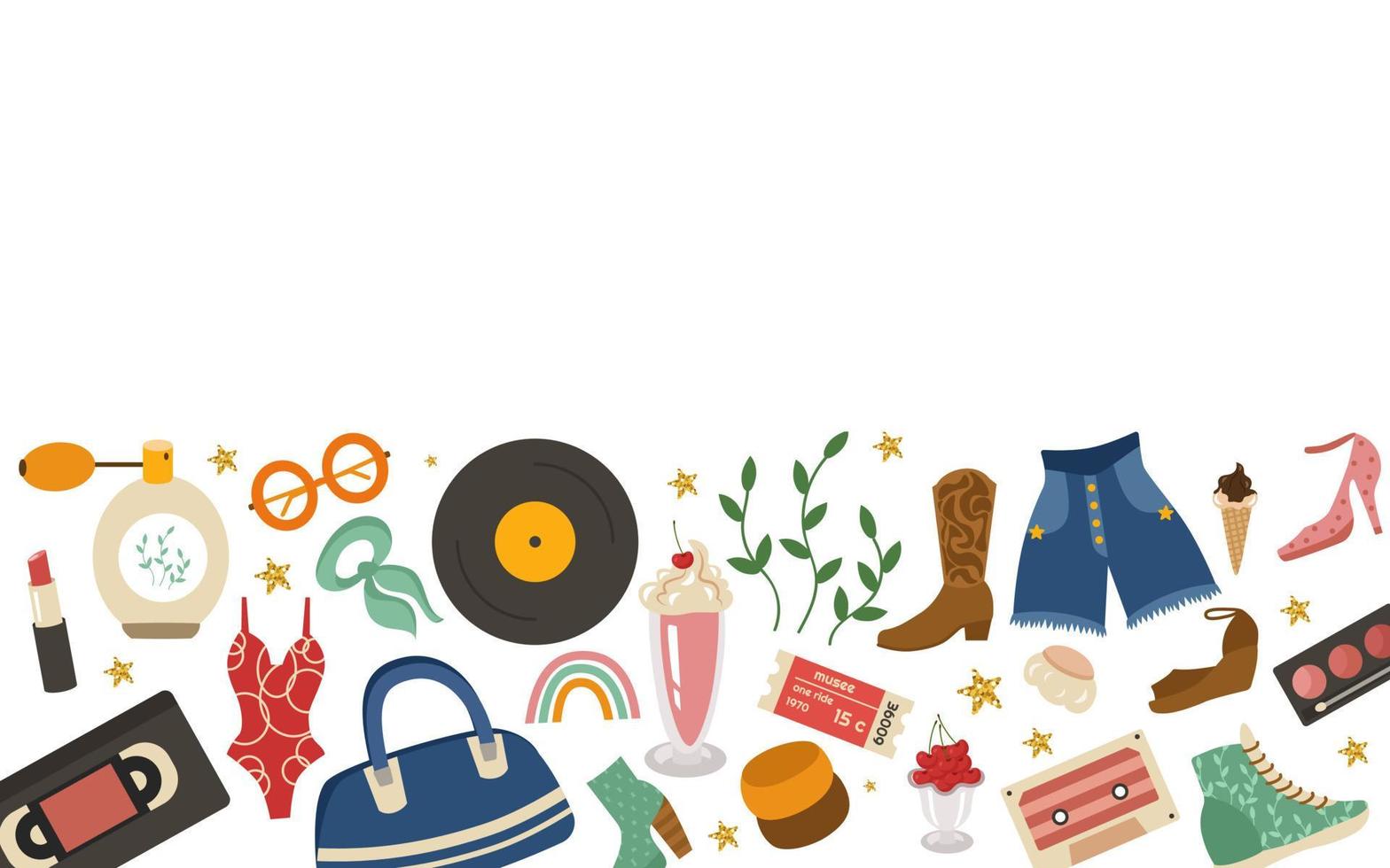 banner con elementos retro de los años 60 y 70. cóctel, shorts, zapatillas, billete, disco, arcoíris, zapatos, perfume, pañuelo, pulseras, estrellas doradas, casetes. ilustración vectorial de carteles antiguos. vector