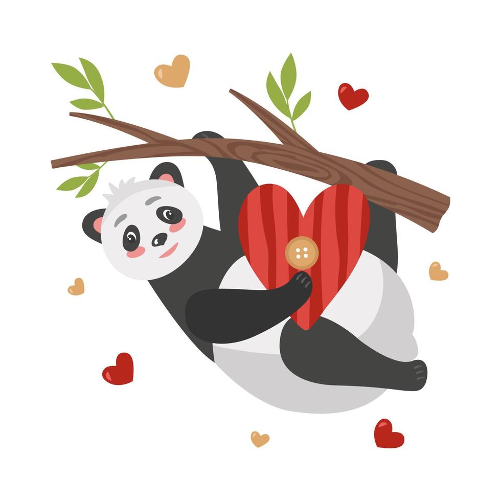 Romantic Valentine's Day card with panda and hearts. Vector illustration in cartoon style for 14 February holiday design, design or decor.