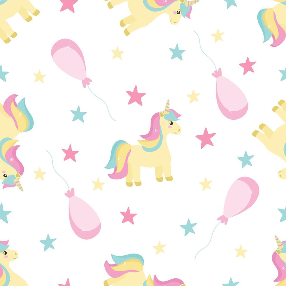 Seamless pattern for a little princess, with a unicorn, balloons and stars. Festive vector background for printing on paper, fabric, packaging. Illustration in delicate pastel colors.