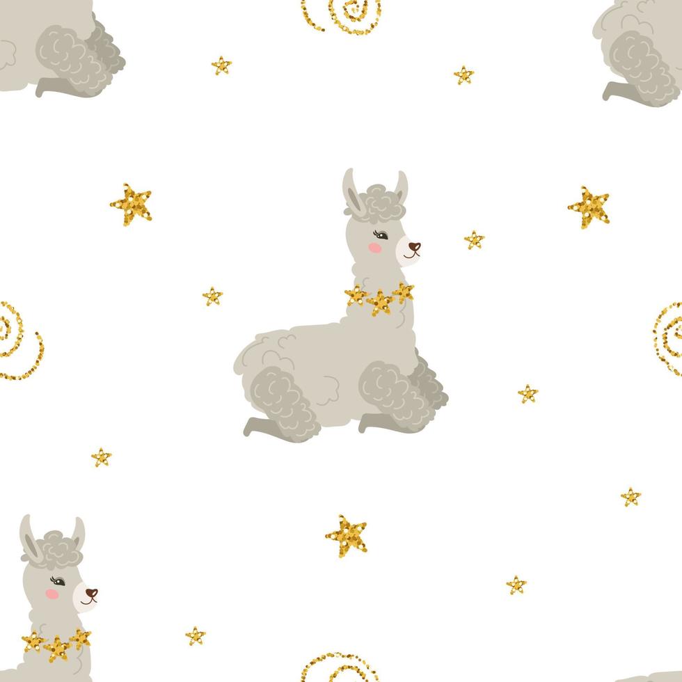 Seamless pattern with lamps or alpacas and golden stars and swirls. Vector background for the nursery. For printing on textiles, clothing, fabric, paper, packaging.