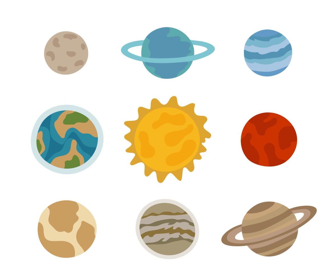 Planets of our solar system and the sun. Earth, moon, Venus, Neptune, Uranus, Jupiter, Mars. Vector illustration of cosmic objects of the universe.