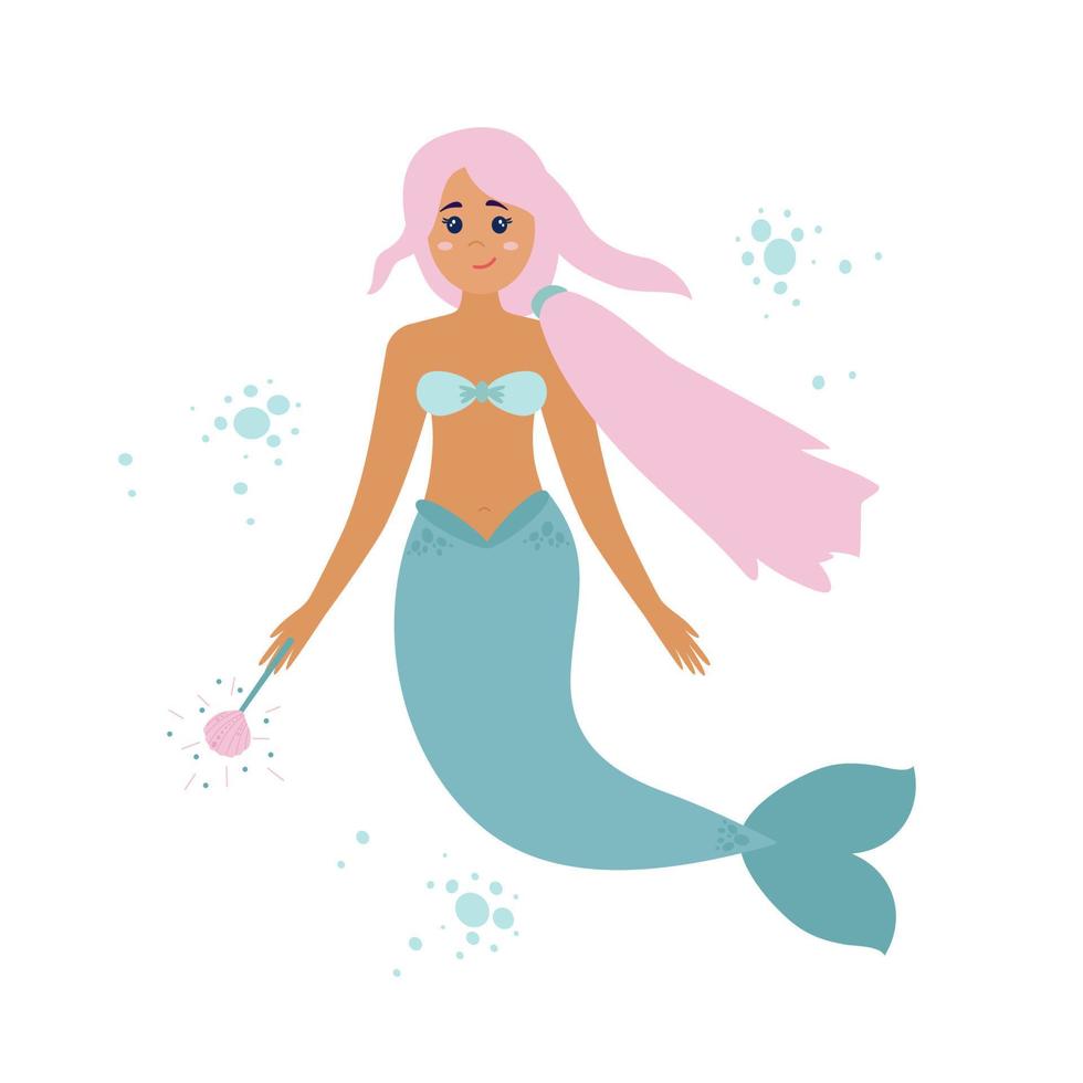 un hada sirena, una hechicera, una hermosa y dulce niña con cola de pez en lugar de piernas y cabello rosado. ilustración marina vectorial aislada en un fondo blanco. vector