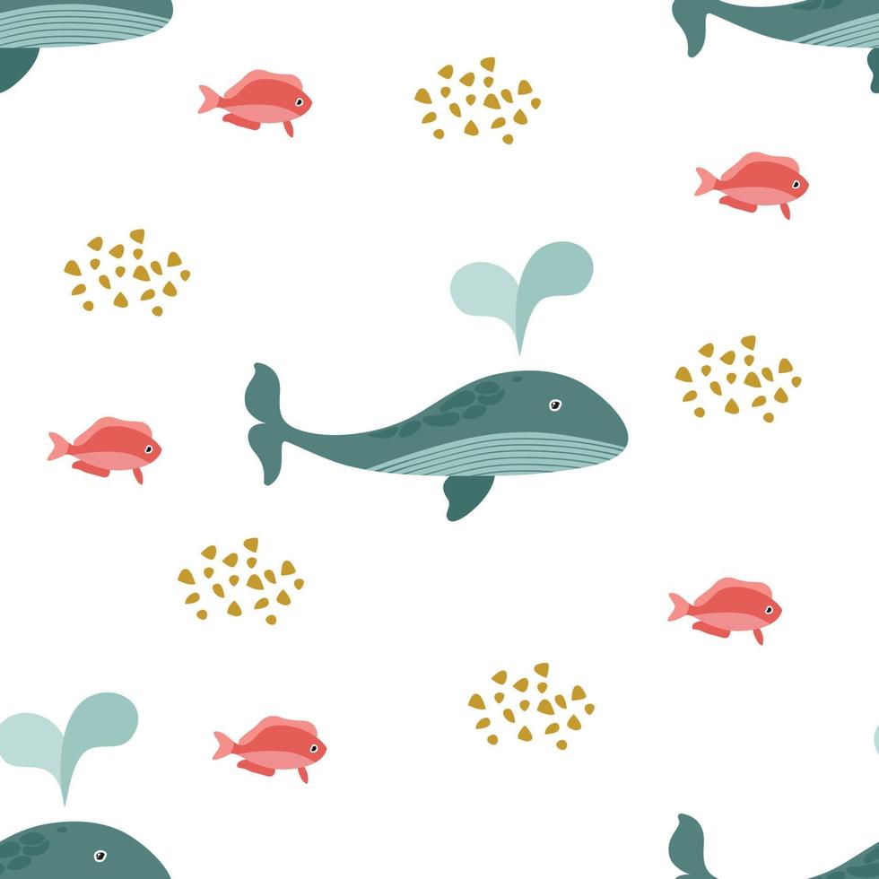 Blue whale, pink fish and sand. Seamless pattern on a white background. Marine collection. Vector illustration for printing on paper, fabric, textile packaging.