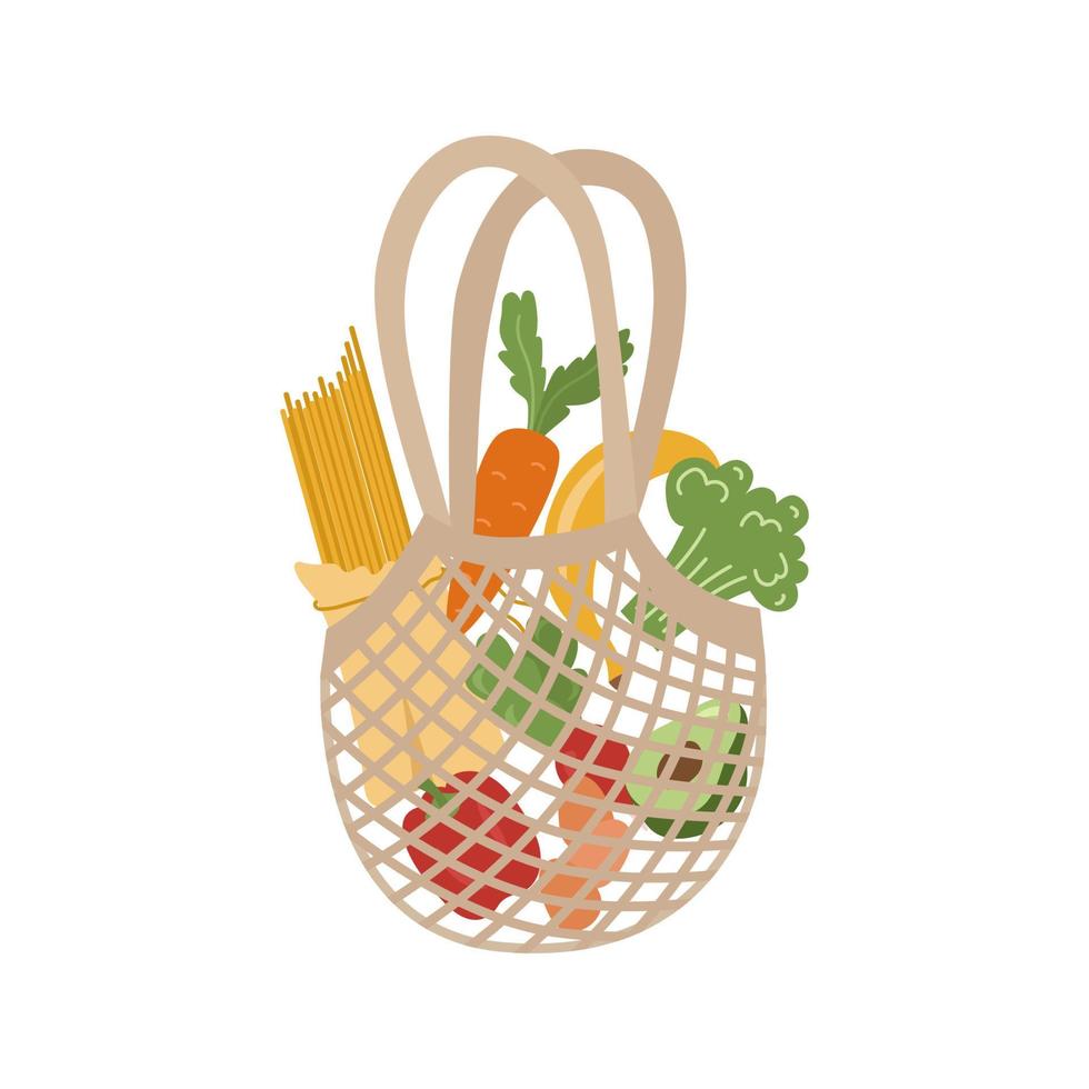 bolsa de compras ecológica tejida con productos útiles. en una rejilla de pimientos, pasta, zanahorias, brócoli, plátanos, aguacate, huevos, rábanos. ilustración vectorial para el concepto reutilizable. vector