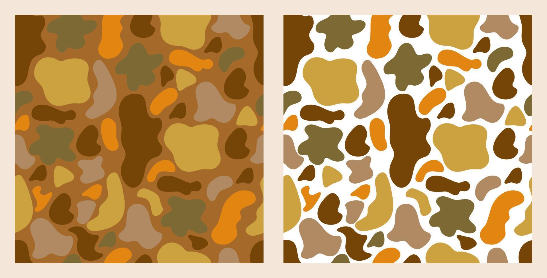 Seamless camouflage pattern of abstract spots of green, yellow, orange. Set of two options on a white and brown background. Vector illustration for printing on paper, fabric, packaging.