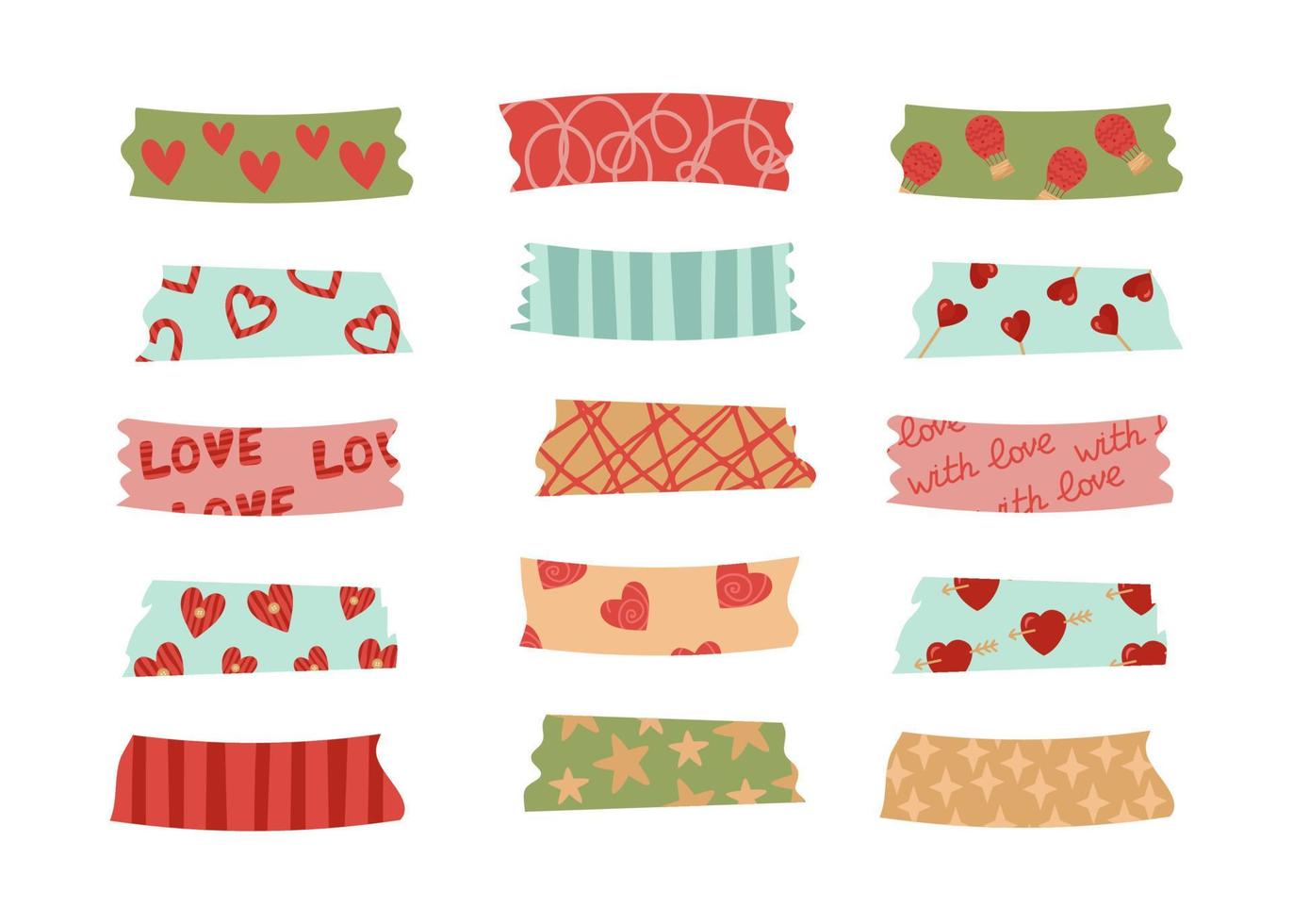 Valentine's Day washi tapes with a romantic pattern. For notes, organizer, planner, scrapbooking. Vector illustration in cartoon style for festive decoration, design or decor on February 14.