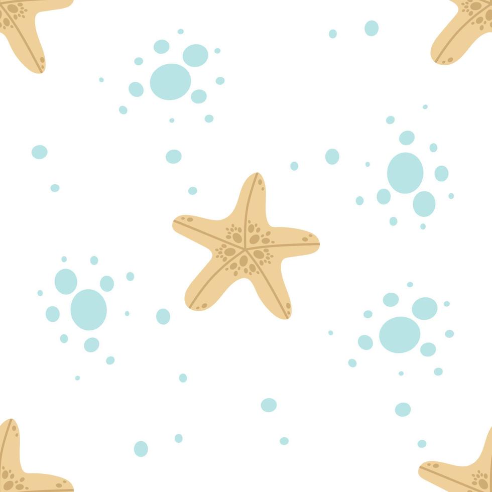 The starfish is beige and blue water bubbles. Seamless pattern on a white background. Marine collection. Vector illustration for printing on paper, fabric, textile packaging.