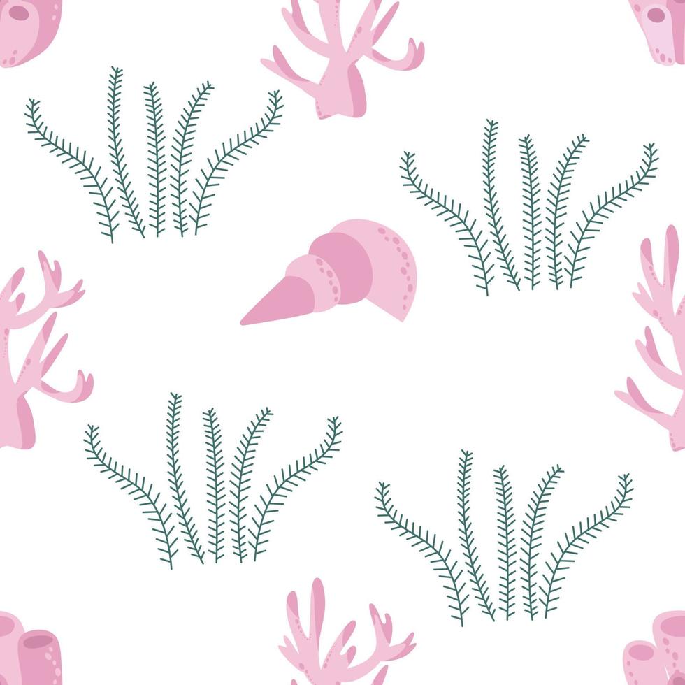 Pink shells, corals and green algae. Seamless pattern on a white background. Marine collection. Vector illustration for printing on paper, fabric, textile packaging.