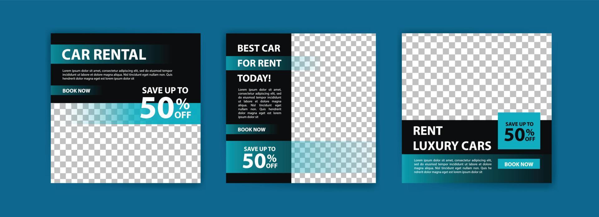 Social media post template for automotive car rental service. Banner vector for social media ads, web ads, business messages, discount flyers and big sale banners.