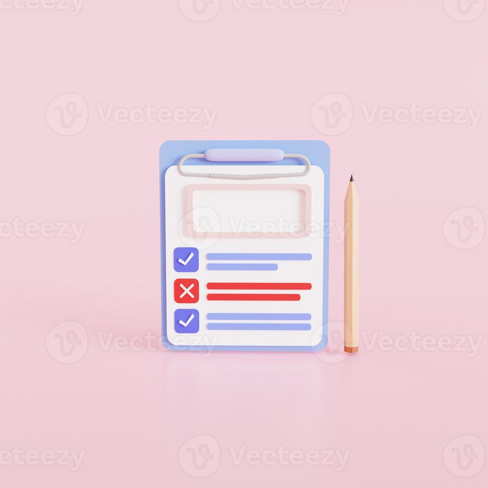 Mockup. Clipboard and pencil with a checklist sheet of a paper background. on icon design. 3d illustration. photo