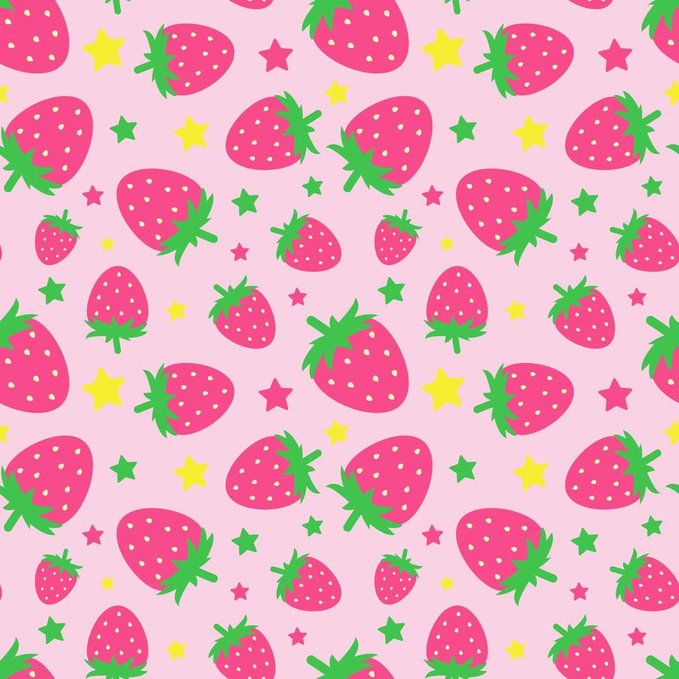 patrón sin costuras con divertidas fresas de dibujos animados. fondo de verano positivo en tonos rosas. impresión para textiles, papel de regalo, ropa, interior, diseño y decoración. patrón de moda de verano vector