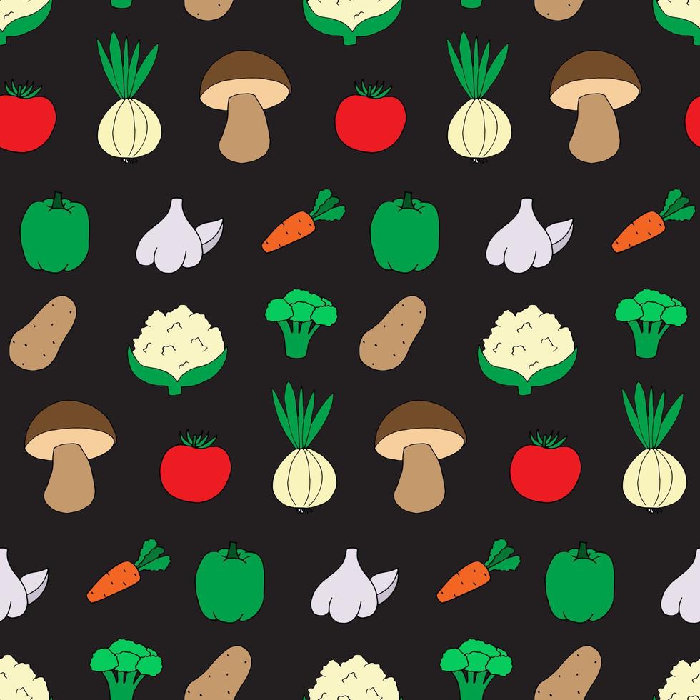 patrón sin fisuras con verduras estilo doodle. impresión para papel tapiz, papel de regalo, fondo textil. Ilustración dibujada a mano, estilo de buena nutrición. comida vegetariana sana, natural y ecológica vector