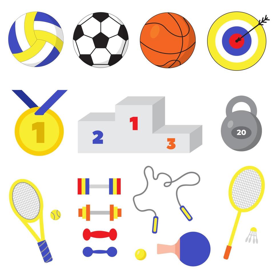 Big set of sport and fitness equipment. Playing balls, target with arrow, gold medal, pedestal, dumbbells and weight. Skipping rope, tennis and badminton. Training and exercises accessories vector