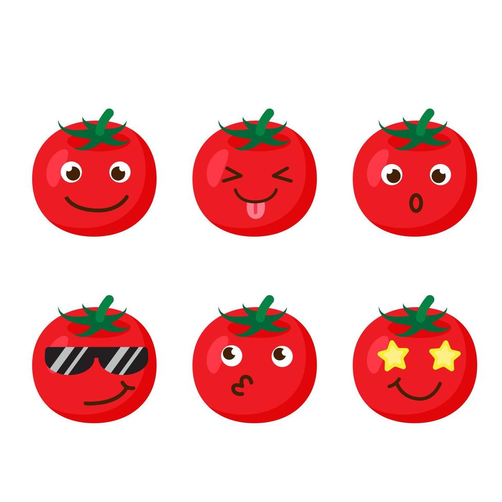 Set of tomato emojis. Kawaii style icons, vegetable characters. Vector illustration in cartoon flat style. Set of funny smiles or emoticons. Good nutrition and vegan concept. illustration for kids