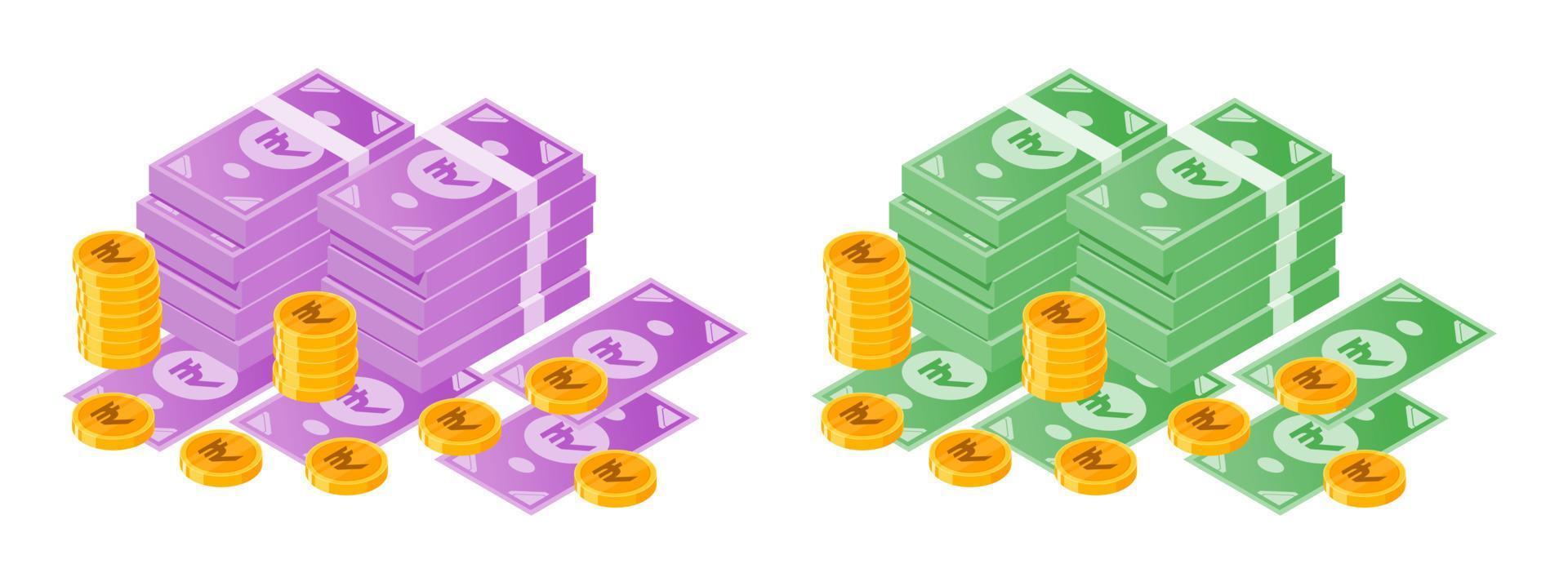Indian Rupee Money Bundle and Coins vector