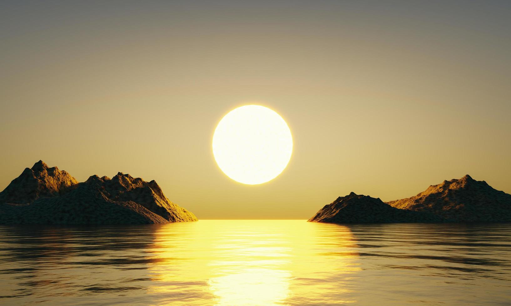 puesta de sol en medio del mar entre las islas. los rayos dorados de la puesta de sol de la tarde. el sol de la mañana sale en medio del mar foto