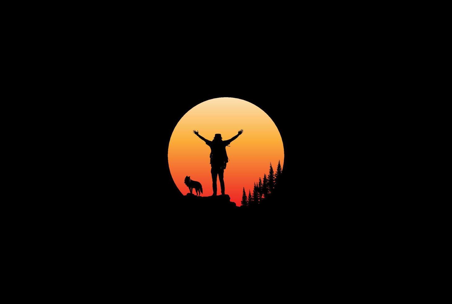 puesta de sol amanecer hombre escalando en la cima de la montaña con perro lobo y pino cedro siempreverde abeto bosque logotipo diseño vector