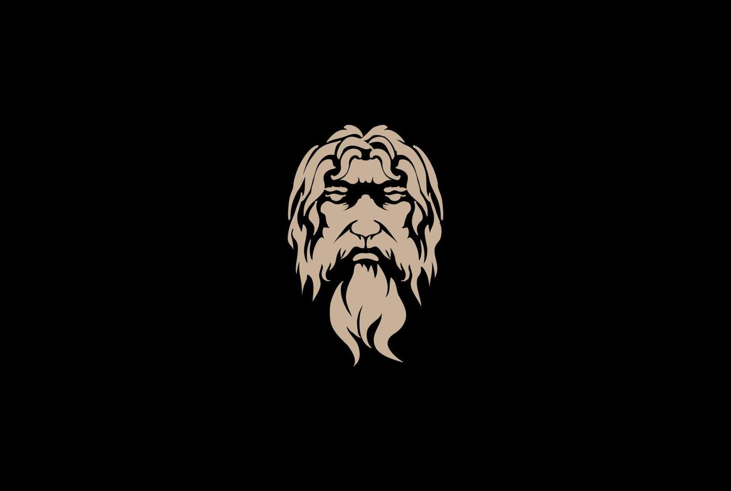 Vintage Greek Old Man Face God Zeus Triton Neptune Philosopher with Beard and Mustache Logo Design Vector