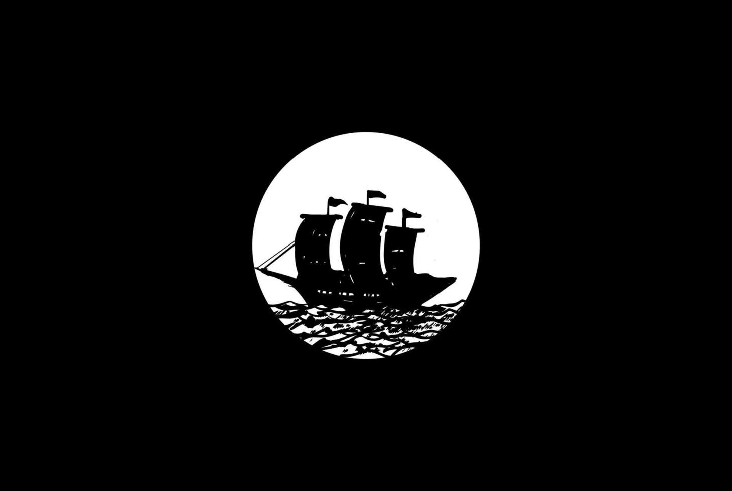 barco de barco pirata vikingo rústico retro con vector de diseño de logotipo de luna