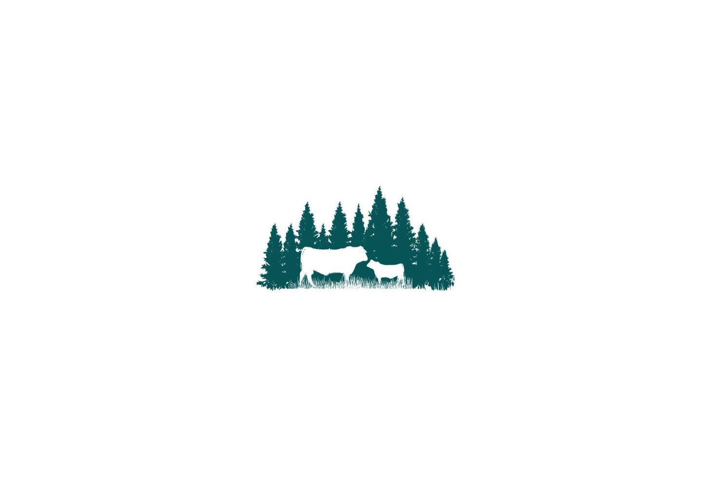 Pine Cedar Spruce Evergreen Cypress Larch Hemlock Fir Trees Forest with Angus Cow Bull for Cattle Livestock Farm Logo Design Vector