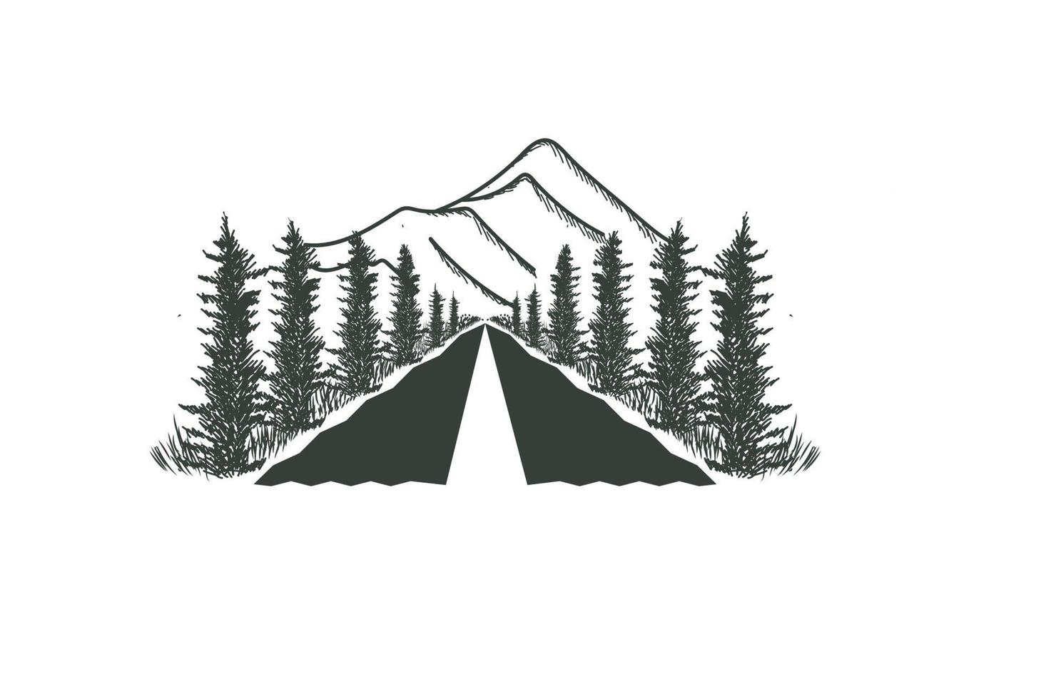 Road Street Way with Mountain Pine Evergreen Fir Conifer Cypress Larch Trees Forest Logo Design Vector