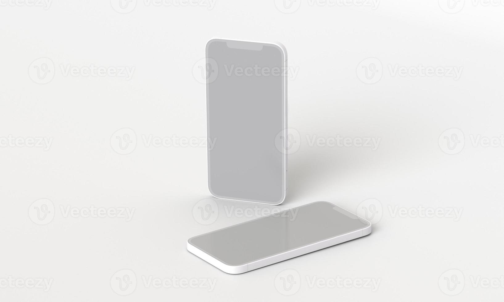 3d render illustration hand holding the white smartphone with full screen and modern frame less design - isolated on white background photo