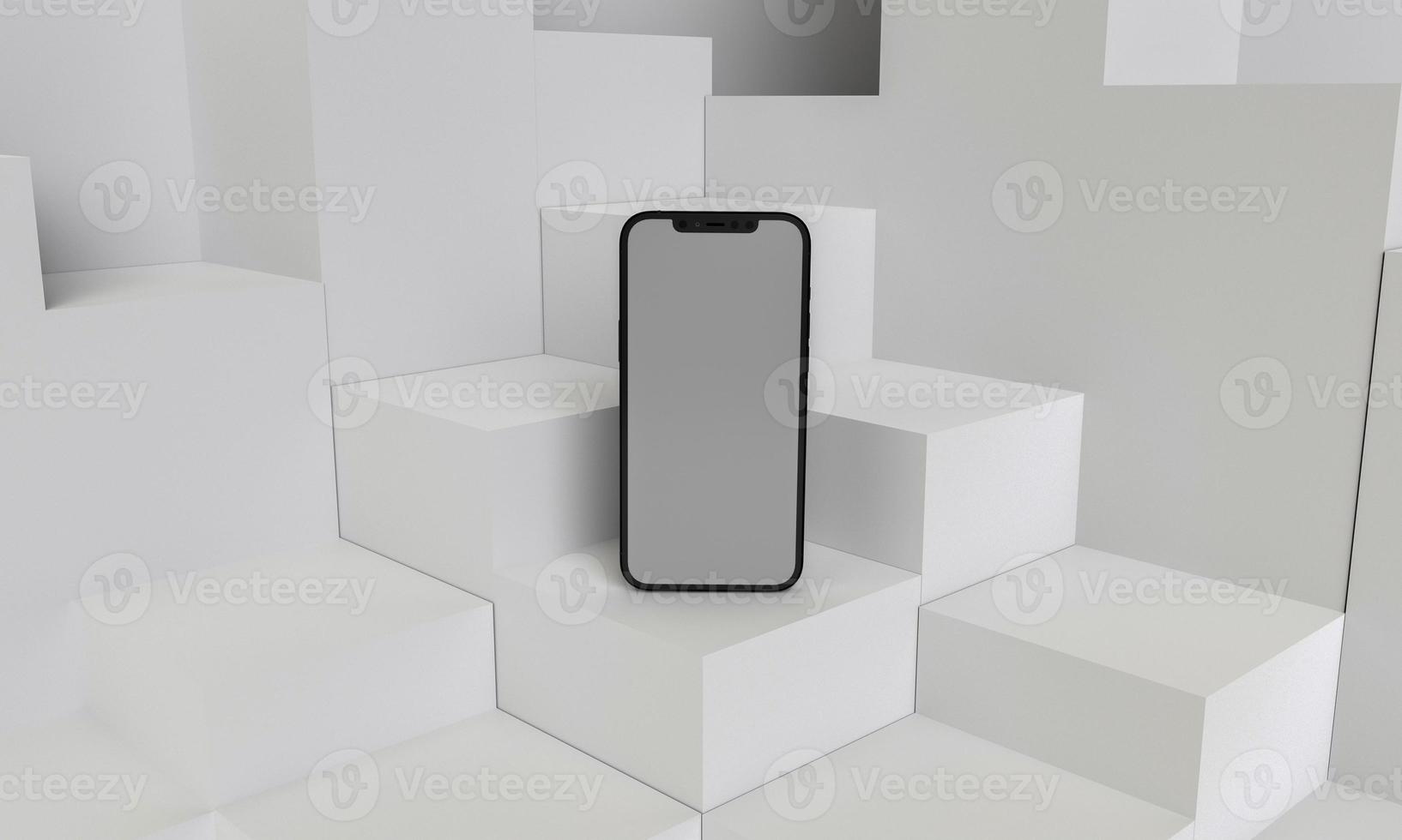 3D Render ilustración mano sosteniendo el teléfono inteligente blanco con pantalla completa y marco moderno menos diseño - aislado en fondo blanco foto