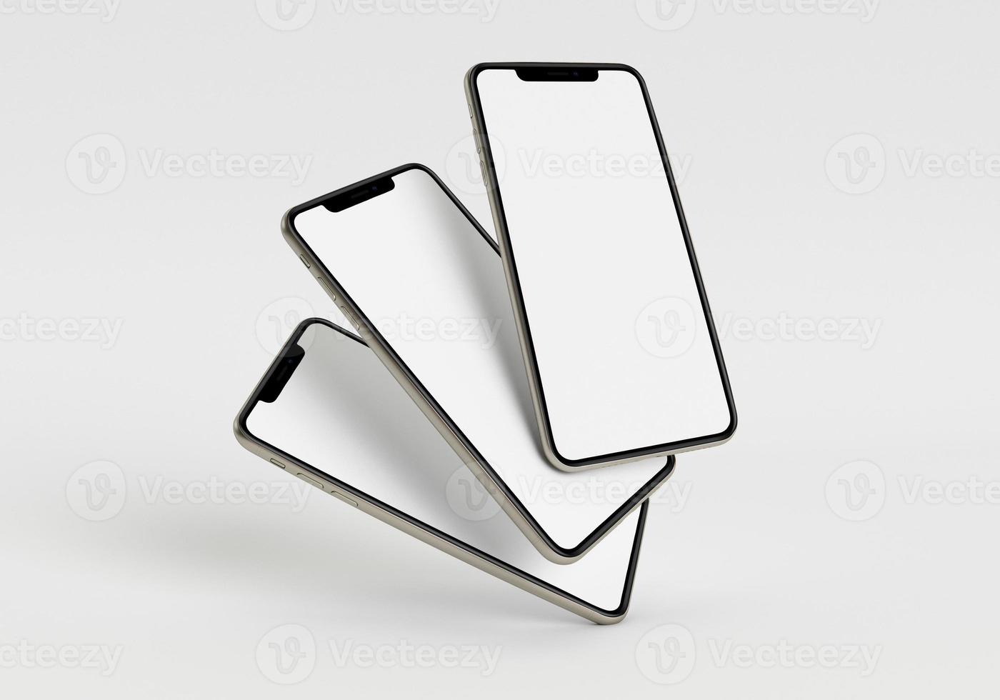 3d render illustration hand holding the white smartphone with full screen and modern frame less design - isolated on white background photo