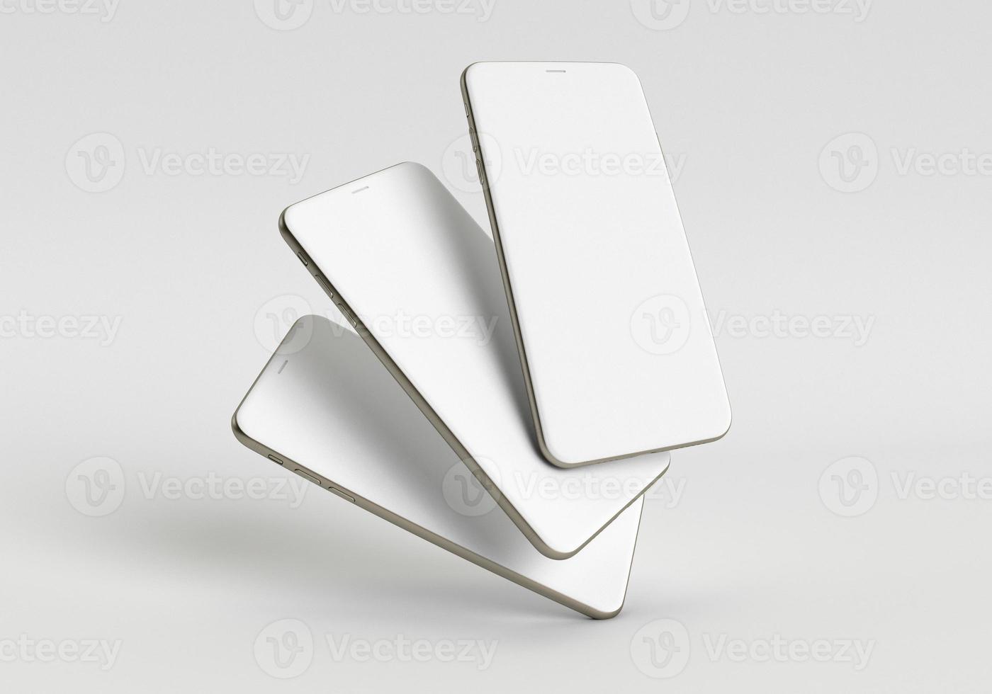 3D Render ilustración mano sosteniendo el teléfono inteligente blanco con pantalla completa y marco moderno menos diseño - aislado en fondo blanco foto