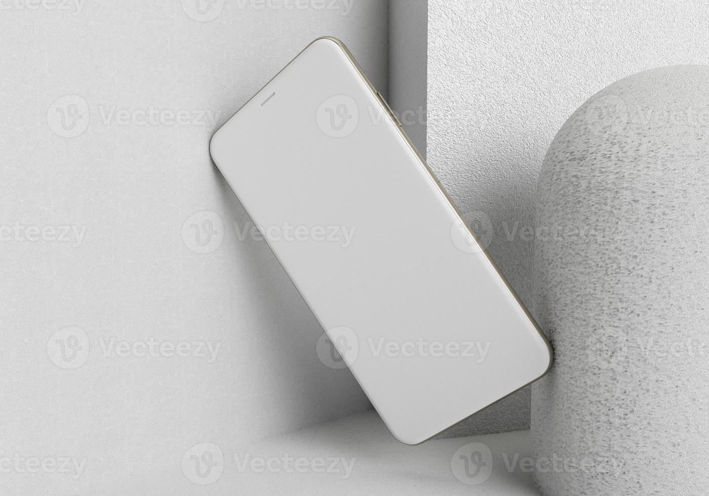 3d render illustration hand holding the white smartphone with full screen and modern frame less design - isolated on white background photo