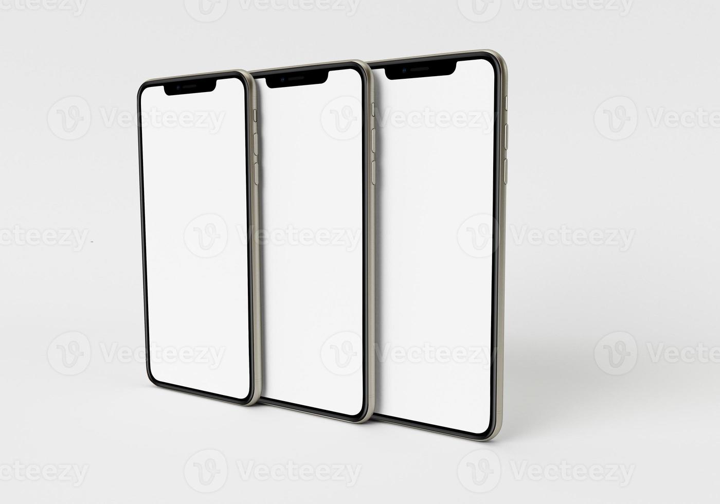 3d render illustration hand holding the white smartphone with full screen and modern frame less design - isolated on white background photo