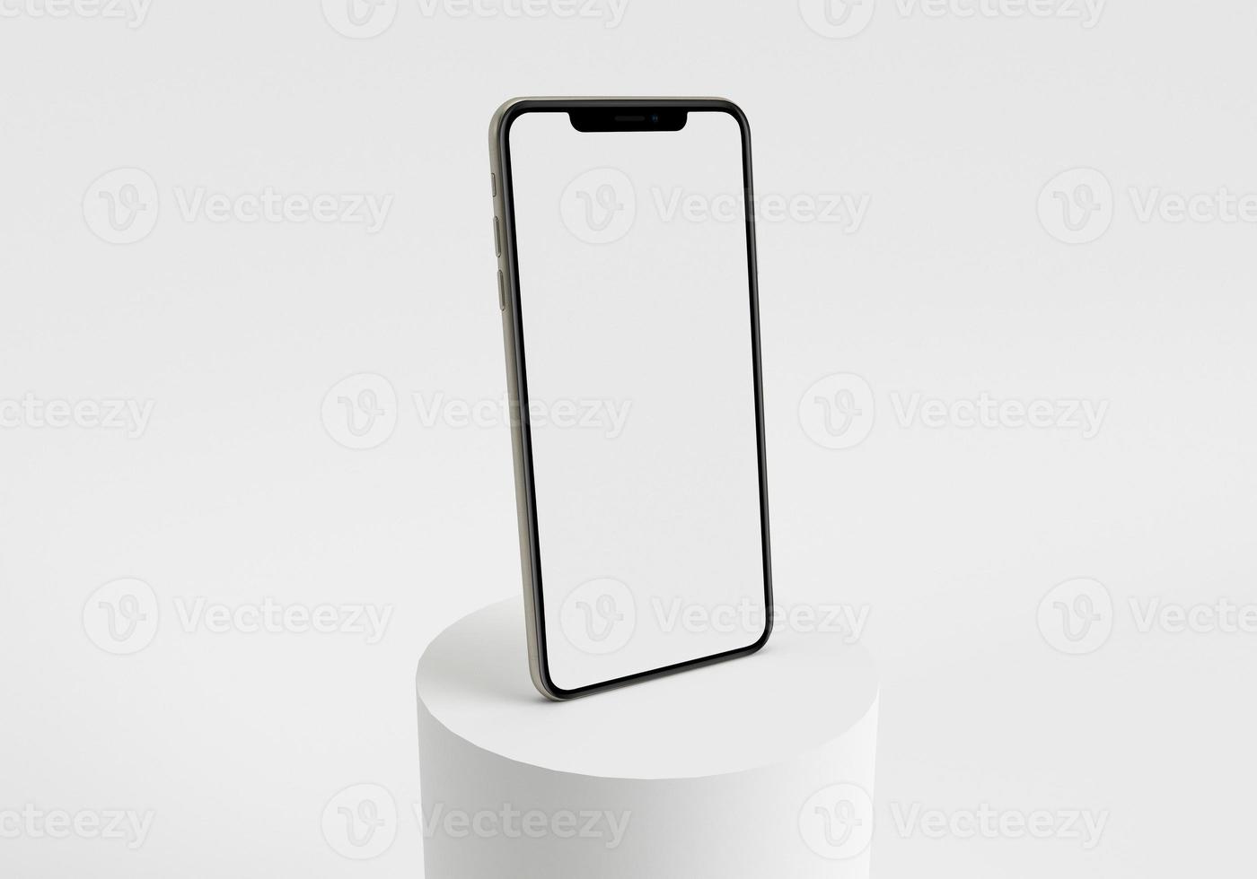 3d render illustration hand holding the white smartphone with full screen and modern frame less design - isolated on white background photo