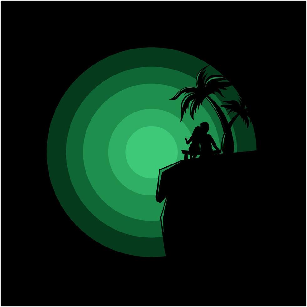 silhouette illustration of a couple sitting on a cliff vector