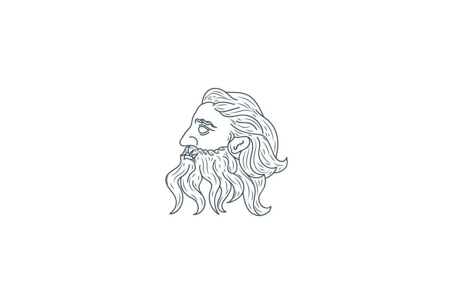 Vintage Greek Old Man Face God Zeus Triton Neptune Philosopher with Beard and Mustache Logo Design Vector