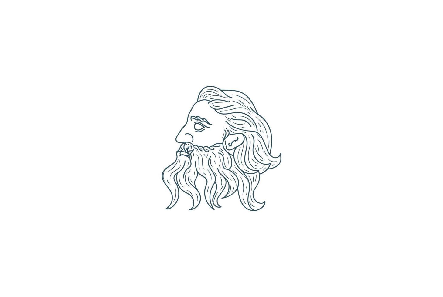 viejo griego antiguo cara dios zeus tritón neptuno filósofo con barba y bigote vector de diseño de logotipo