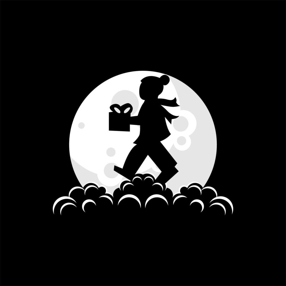 child logo illustration bringing christmas gifts on the moon vector