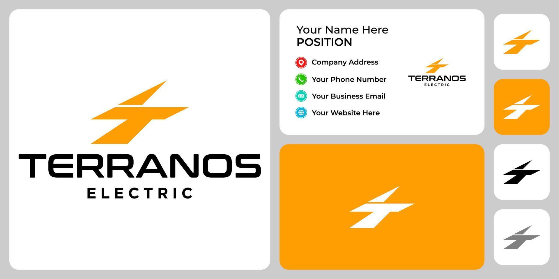 Diseño de logotipo de energía eléctrica con monograma de letra t con plantilla de tarjeta de visita. vector