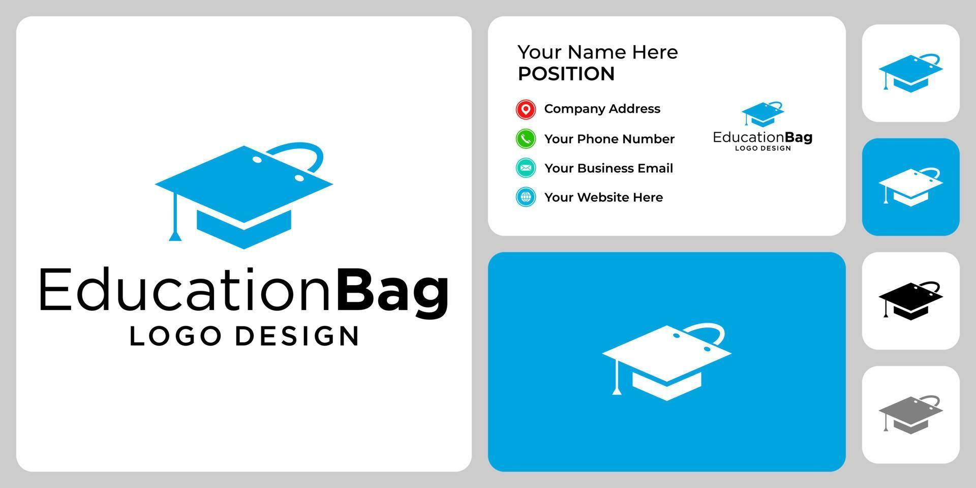 Academic hat and shopping bag logo design with business card template. vector