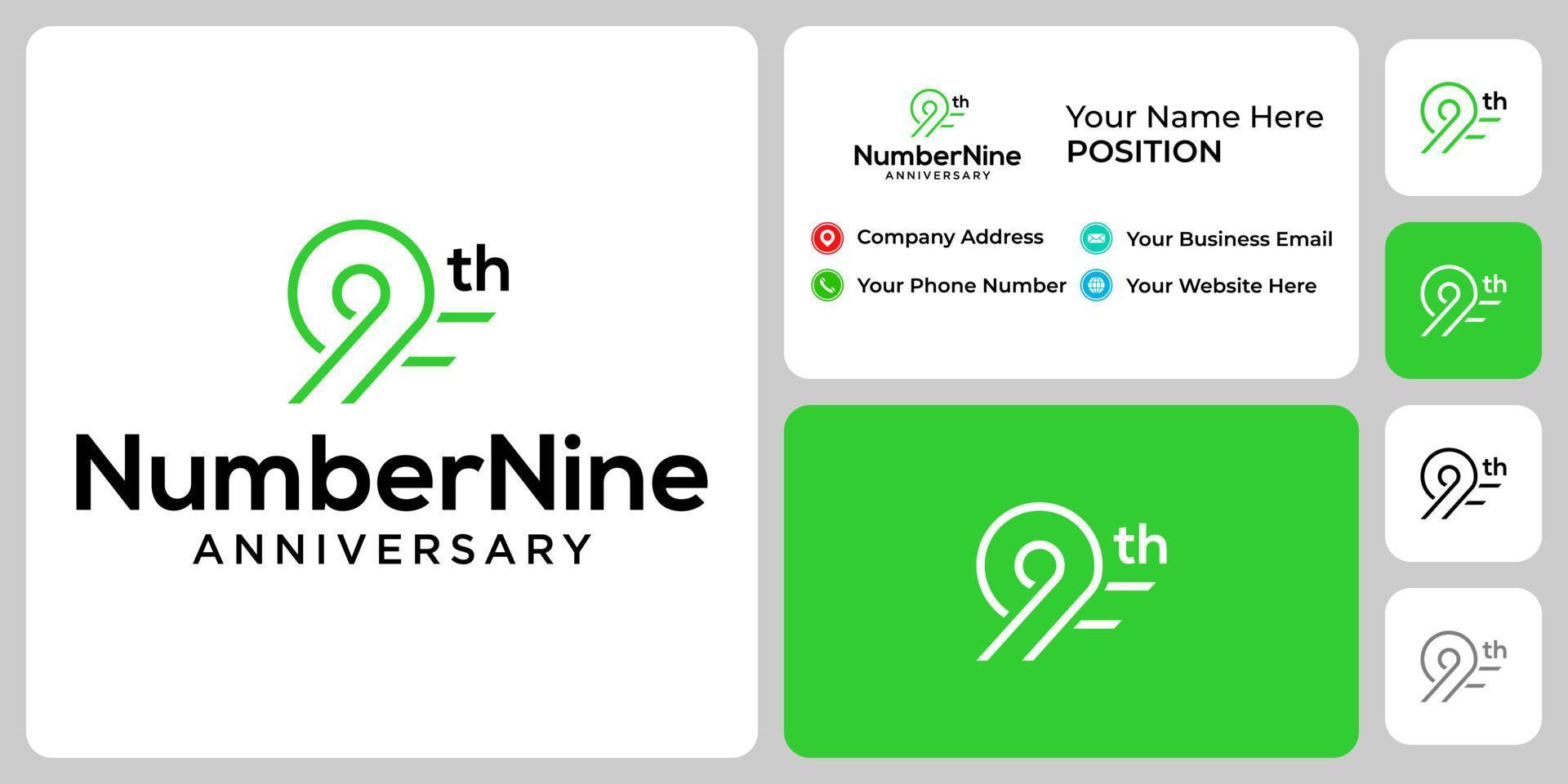 Number 9 anniversary logo design with business card template. vector