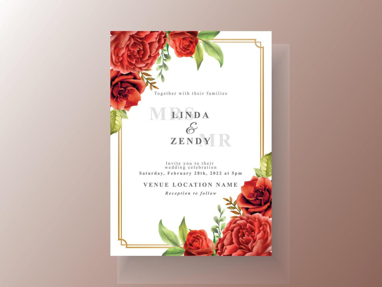 hermosa plantilla de tarjeta de invitación de boda de rosas rojas vector