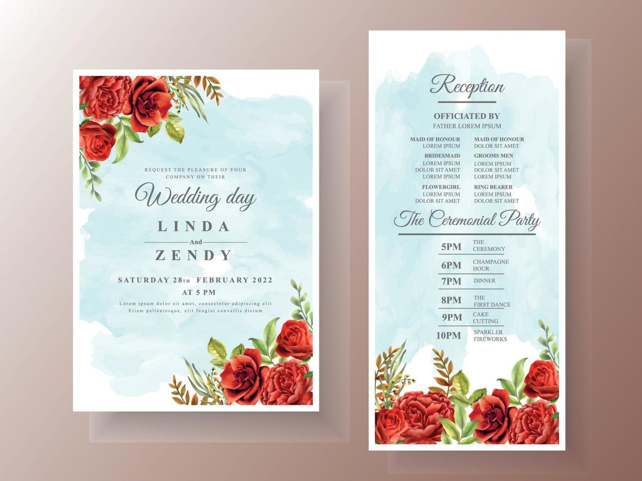 hermosa plantilla de tarjeta de invitación de boda de rosas rojas vector