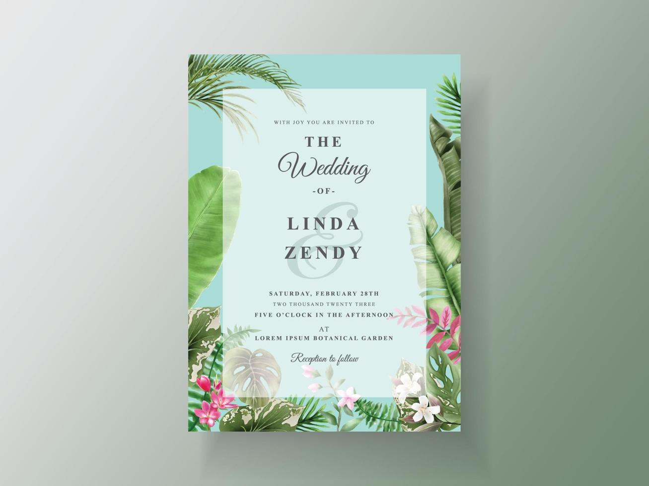 plantilla de tarjeta de invitación de boda tropical floral verde vector