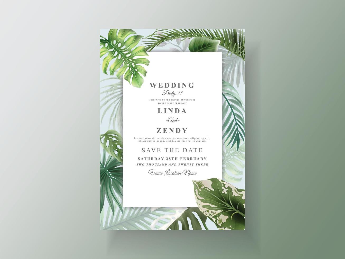 plantilla de tarjeta de invitación de boda tropical floral verde vector