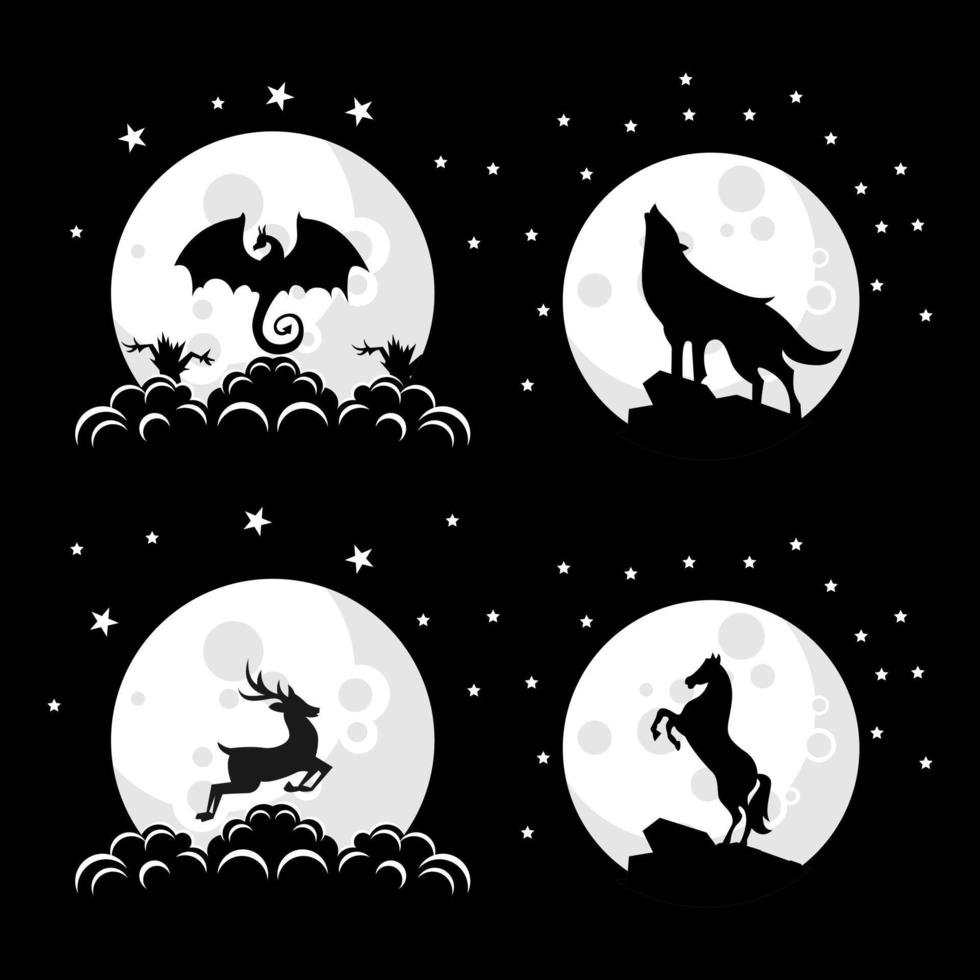 Silhouette animal logo design illustration collection on the moon vector