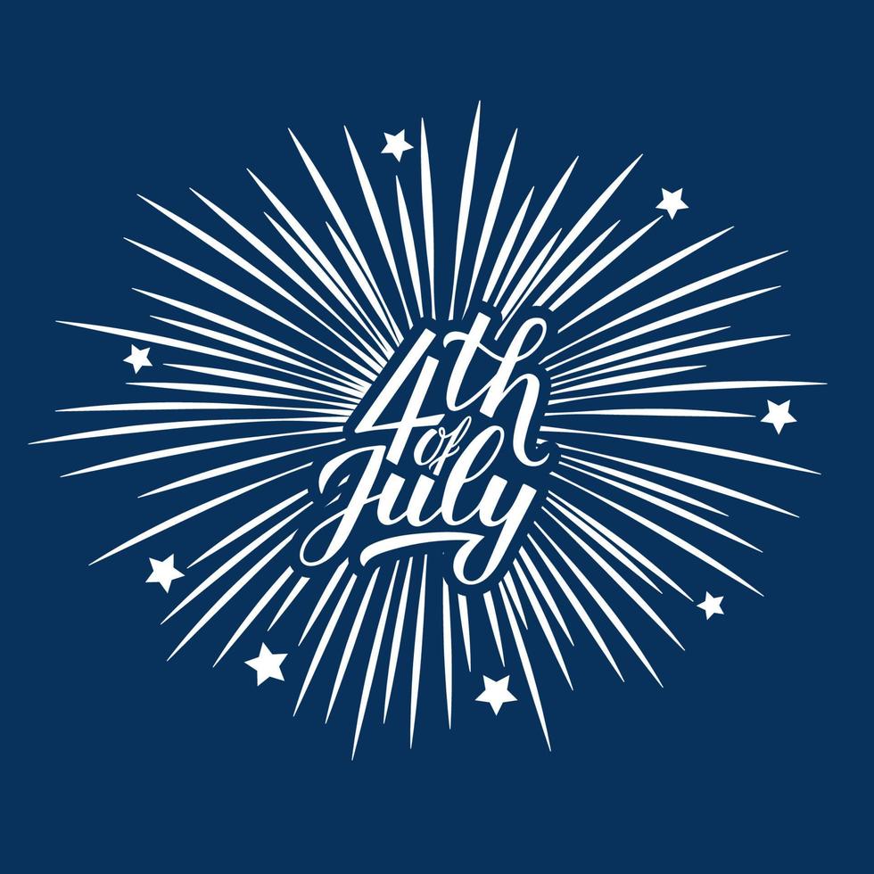 4 de julio letras de mano de caligrafía con fuegos artificiales sobre fondo azul. ilustración vectorial del día de la independencia de estados unidos. plantilla fácil de editar para diseño de logotipo, afiche, tarjeta de felicitación, pancarta, volante, etc. vector