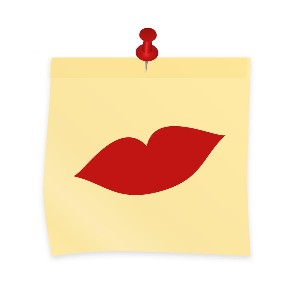 Imprinted kiss on yellow sticky note attached with pin. Realistic sticker and pushpin isolated on white. Red lipstick print. Sexy lips vector illustration.